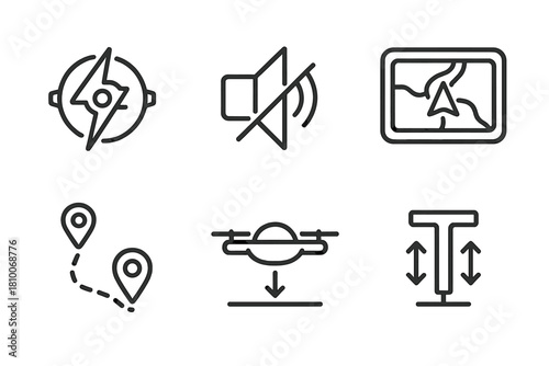 Flying Taxi Features. Line style icons of flying taxi features: electric engine icon, noise reduction symbol, GPS navigation tool,