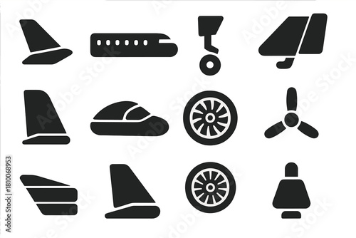 Aircraft Component Icons. Solid style icons of aircraft components: wing, fuselage, landing gear, aileron, rudder, cockpit, engine