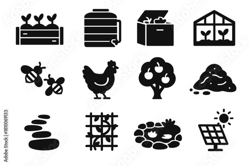 Permaculture Icons Set. Solid style icons of permaculture: raised garden bed, rainwater tank, compost bin, greenhouse, bees,