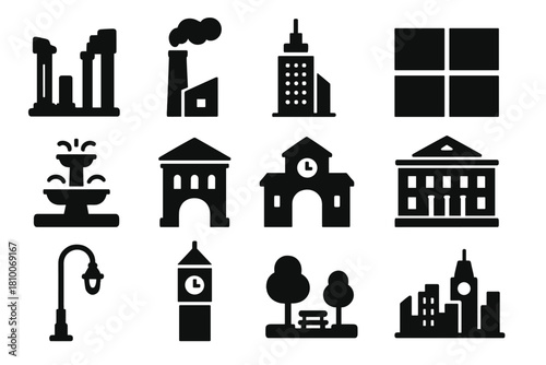 City Evolution Icons. Solid style icons of City Evolution: ancient ruins, factory smokestack, contemporary skyscraper, city grid,