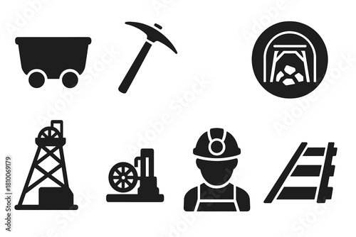 Mining Icons Collection. Solid style icons of mining history attractions: mining cart glyph, pickaxe icon, coal tunnel badge.