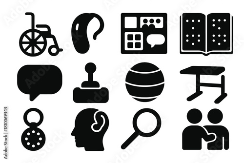 Special Needs Education Icons. Solid style icons of special needs education: wheelchair, hearing aid, communication board, braille