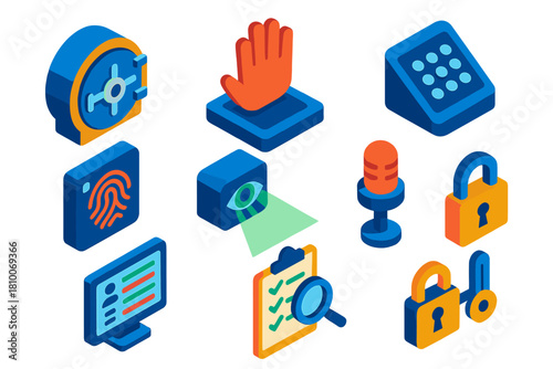 Biometric Security Icons. Isometric vector illustration set Biometric authentication – secure vault door, palm reader pad, keypad;