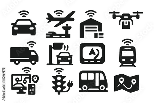 Smart Mobility Icons. Solid style icons of Smart Mobility: autonomous vehicle, air traffic system, smart logistics hub, delivery