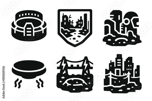 Sci-Fi Battlefield Icons. Solid style icons of battlefield environments: sci-fi arena icon, cyber wasteland badge, robotic ruins