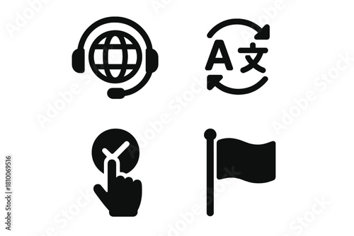 Language Icon Set. Solid style icons of language channel options: globe + headset glyph, multilingual icon, selector badge.