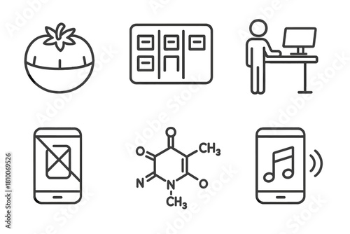 Biohacking Focus Icons. Line style icons of biohacking for focus and productivity: Pomodoro timer, to-do task board, standing