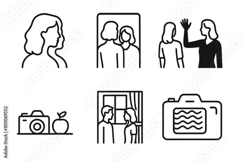 Surreal Photography Icons. Line style icons of conceptual and fine art photography: surreal double exposure, mirror reflection