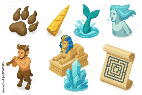 Mythical Creatures Set. Isometric vector illustration set of Mythical creatures: dragon claw print, unicorn horn shard, mermaid