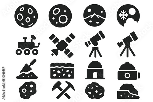 Moon Science Icons. Solid style icons of Moon Science Exploration: moon geology, crater analysis, ice deposit, rover, satellite,