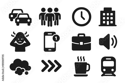 Urban Stress Icons. Solid style icons of urban stress: traffic jam, crowded street, clock, office building, stressed person,