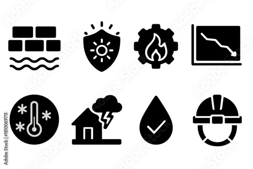 Climate Adaptation Icons. Solid style icons of climate adaptation education: flood defense glyph, sun barrier icon, heat badge.