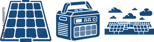 Solar power icons with large panel, portable generator, and solar farm with clouds solar panel