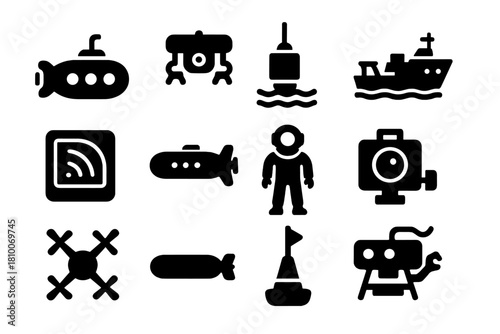 Marine Technology Icons. Solid style icons of Marine Technology: submarine, underwater robot, ocean sensor, research vessel, sonar
