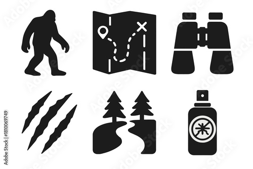 Cryptid Research Icons. Line style icons of Cryptid Research: Sasquatch silhouette, trail map, binoculars, unknown claw mark,
