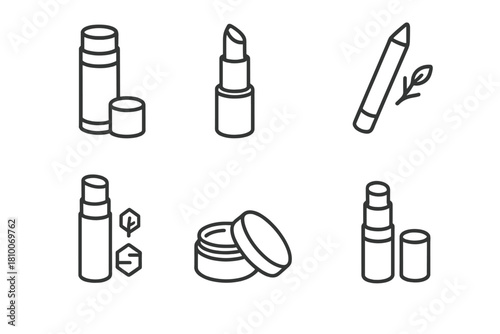 Biodegradable Lip Icons. Line style icons of biodegradable lip products: tinted lip balm in paper tube, wax-based lipstick, lip