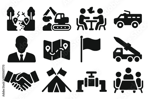 War and Diplomacy Icons. Solid style icons of War and Diplomacy: boundary dispute, mining site, peace negotiation, army vehicle,