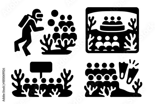 Underwater Spectator Icons. Solid style icons of underwater audience and setting: diver spectators icon, coral bleachers badge,