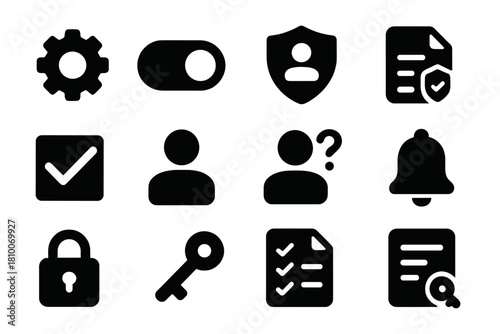 User Control Icons. Solid style icons of user control: settings gear, toggle switch, privacy dashboard, consent form, opt-in