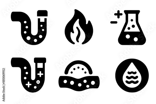 Blood Purification Icons. Solid style icons of plasma blood purification: blood flow with plasma tube, detox stream icon, ion