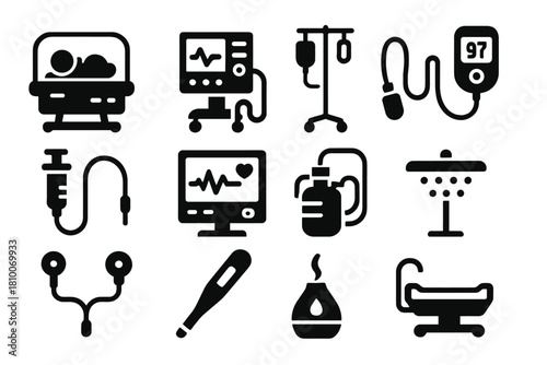 Neonatal Medical Equipment Icons. Solid style icons of neonatal medical equipment: incubator, ventilator, IV stand, pulse oximeter