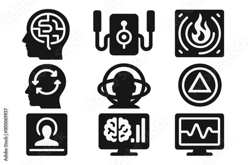 Psionic Training Icons. Solid style icons of psionic training modules: thought maze icons, focus gym tools, psi discipline glyphs.