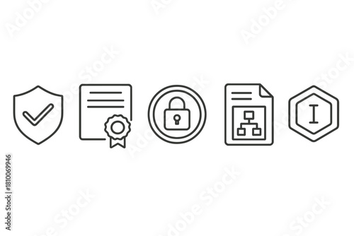 Ethical Hacking Icons. Line style icons of ethical hacking certifications: CEH badge icon, OSCP certificate, CompTIA Security+