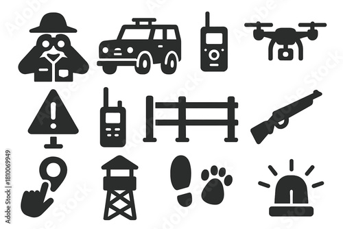 Anti-Poaching Efforts Icons. Solid style icons of anti-poaching efforts: ranger with binoculars, patrol vehicle, camera trap,