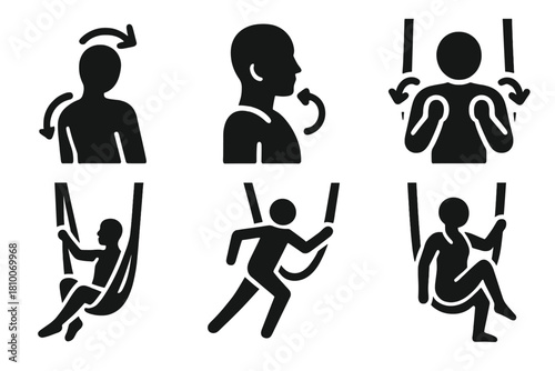 Aerial Yoga Warm-up Icons. Solid style icons of warm-up routines for aerial yoga: shoulder roll icon, neck stretch badge, wrist