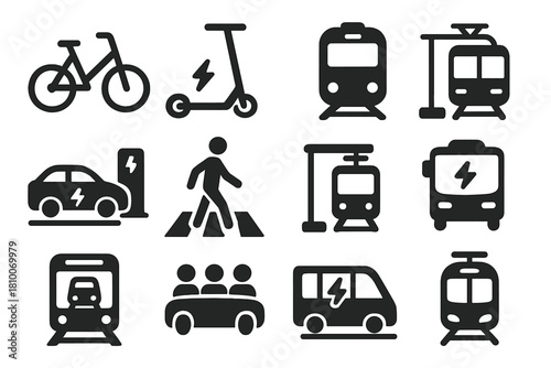 Green Commuting Icons. Solid style icons of Green Commuting: shared bicycle, electric scooter, metro train, e-car charging,