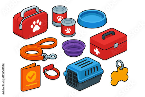 Pet Emergency Kit Essentials. Isometric vector illustration set Disaster preparedness – pet emergency kit, pet food cans, water