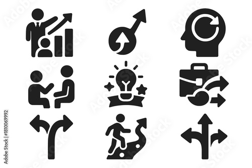 Career Growth Icons. Solid style icons of career development from below: growth chart with mentor from base, insight arrow upward,