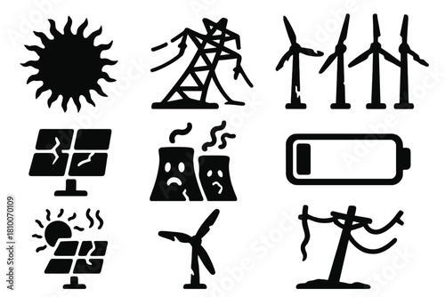 Energy Catastrophe Icons. Solid style icons of energy aftermath: blackened sun, collapsed grid, scorched windmills. Dying solar