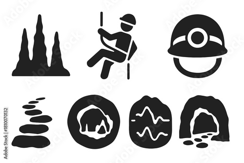 Cave Exploration Icons. Solid style icons of cave exploration tours: stalagmite glyph, rope descent icon, helmet badge. Cavern