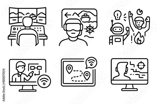 Maritime Training Tech. Line style icons of training and simulation: ship simulator room, VR ship command interface, AI emergency