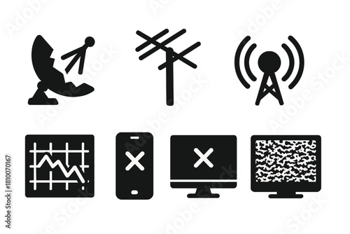 Broadcast Ruins Icons. Solid style icons of broadcast ruins: collapsed satellite dish glyph, rusted antenna icon, tower badge.