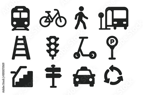 Smart City Transport Icons. Solid style icons of Smart City Transport: metro train, shared bicycle, pedestrian walkway, bus stop,