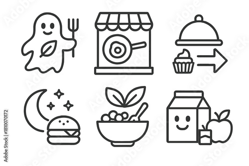 Line Style Virtual Foods. Line style icons of virtual food concepts: vegan-only ghost brand, breakfast pop-up kitchen, dessert