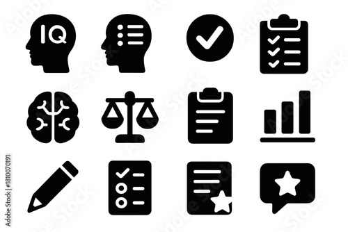Testing Icons Collection. Solid style icons of Cognitive and Personality Tests: IQ test, personality profile, validity check,