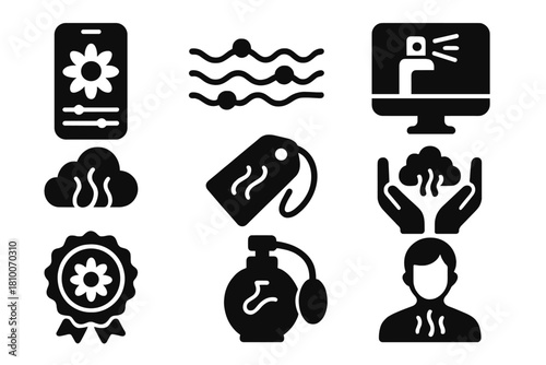 Scent Creation Icons. Solid style icons of scent-based content creation: scent editor app, fragrance layer timeline, aroma