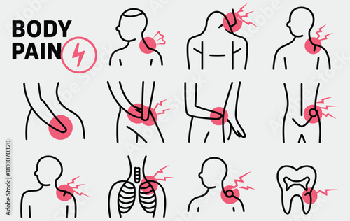 Body pain illustration showing specific parts of the body and bones, medical and health concept, vector design, educational anatomy graphic, digital artwork for apps, websites, healthcare materials, a