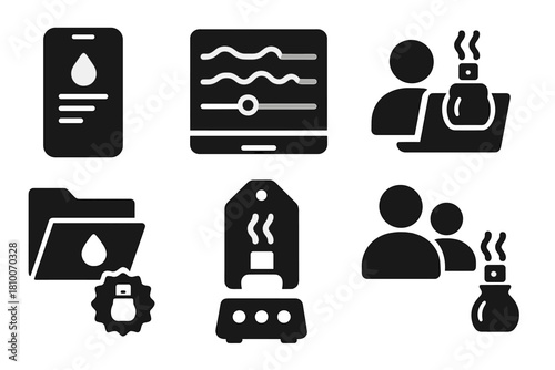 Scent Creation Icons. Solid style icons of scent-based content creation: scent editor app, fragrance layer timeline, aroma