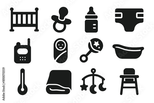 Infant Care Icons. Solid style icons of infant care: baby crib, pacifier, bottle, diaper, baby monitor, swaddle, rattle, baby bath