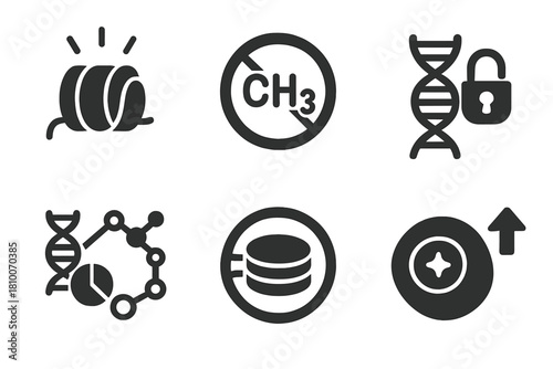 Epigenetic Rejuvenation Icons. Solid style icons of epigenetic rejuvenation: histone with glow icon, methyl tag removal badge, DNA