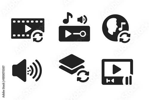 Synchronized Media Icons. Solid style icons of synchronized audio-visual computing: media timeline with sync mark, AV stream