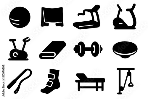 Rehabilitation Tool Icons. Solid style icons of rehabilitation tools: therapy ball, resistance band, foam roller, treadmill,