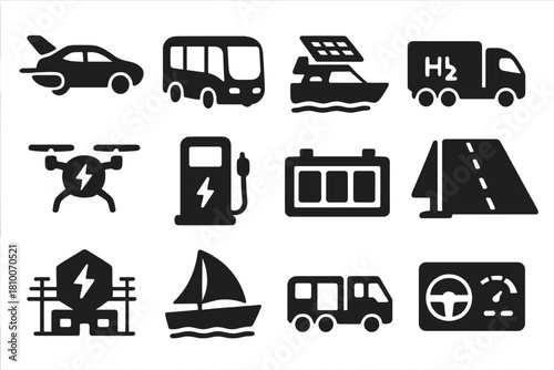 Futuristic Transport Icons. Solid style icons of futuristic transport: flying car, autonomous bus, solar yacht, hydrogen truck,