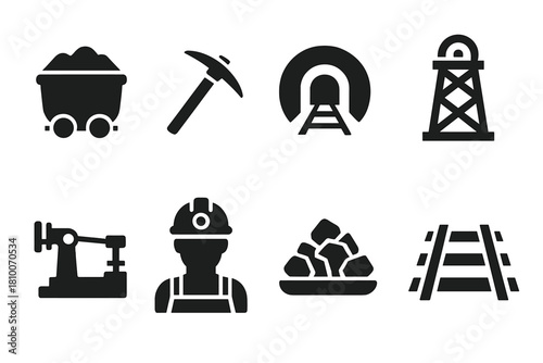 Mining Icons Collection. Solid style icons of mining history attractions: mining cart glyph, pickaxe icon, coal tunnel badge.