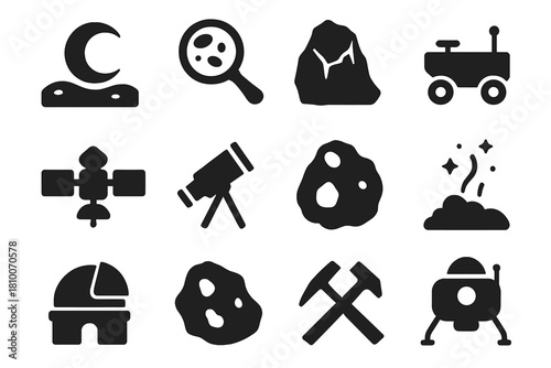 Moon Research Icons. Solid style icons of Moon Research: lunar surface, crater study, ice deposit, rover, satellite, telescope,