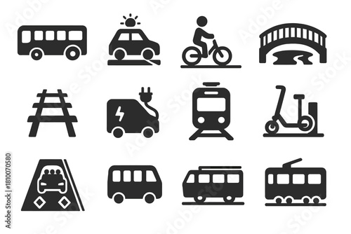Sustainable Transit Icons. Solid style icons of Sustainable Transit Solutions: hydrogen bus, solar car, bike lane, pedestrian